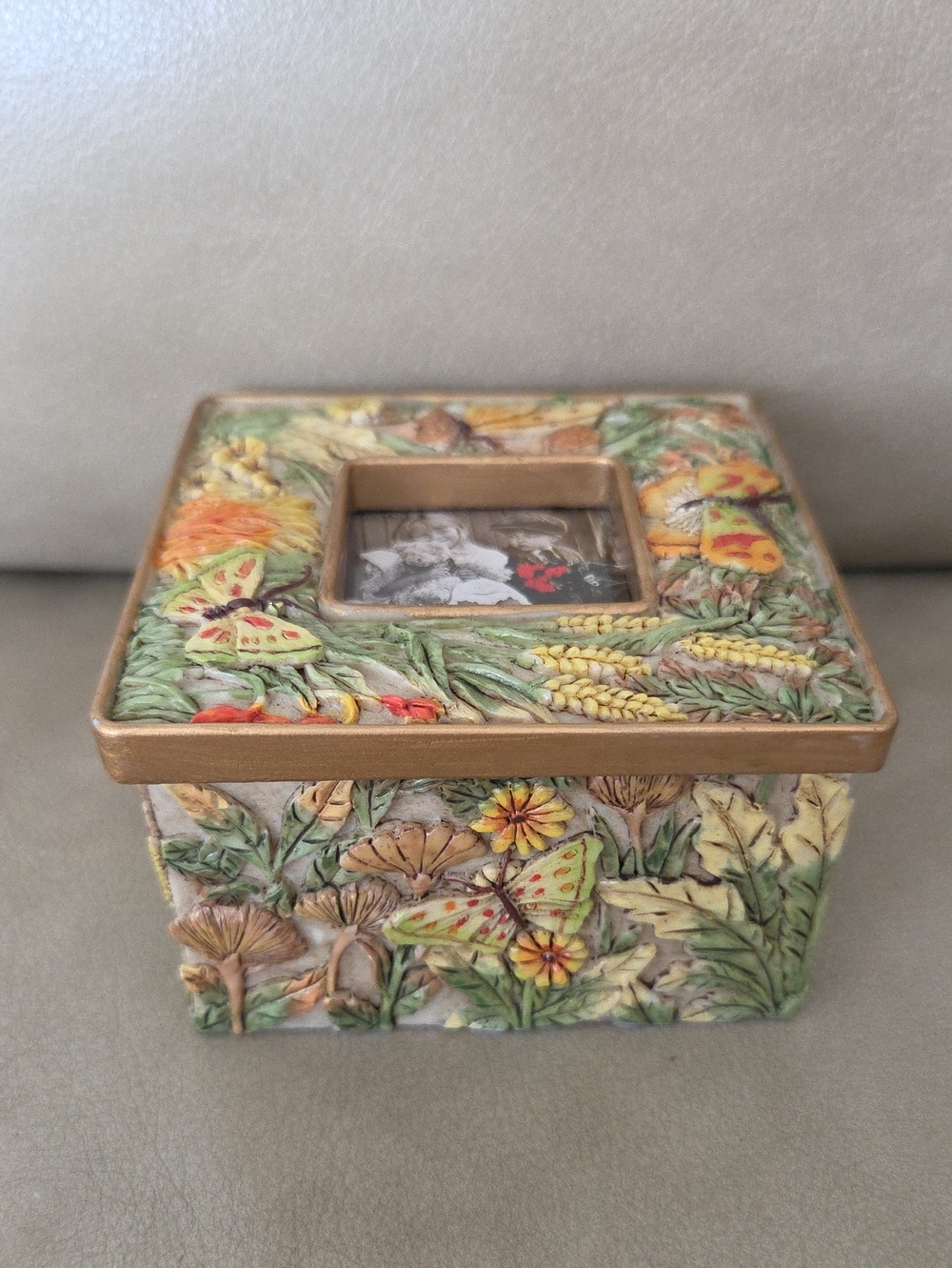 Decorative Floral Butterfly Trinket Box - Yellow Green Accents